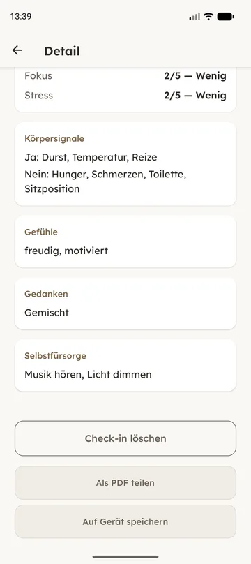 Die Detailansicht eines Check-ins mit der Schaltfläche „Als PDF teilen“.