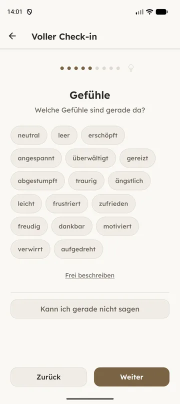 Der Gefühle-Schritt der App in der gewählten Farbwelt.