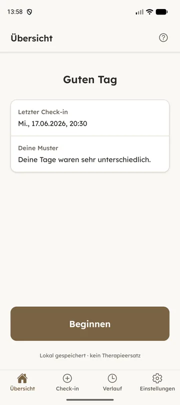 Die Übersicht der App mit dem letzten Check-in.